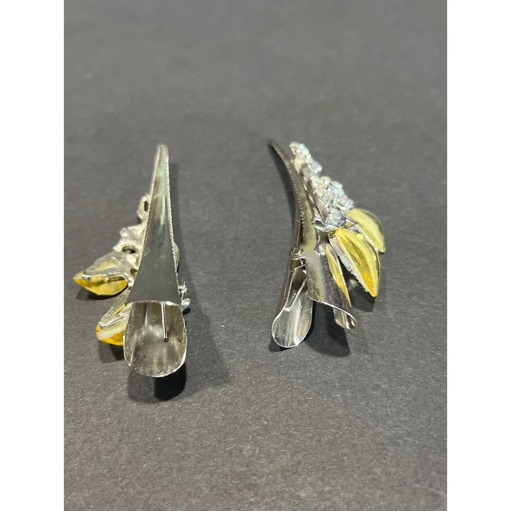 Silver Tone Yellow Teardrop AB Rhinestone Filigree Alligator Hair Clips Set of 2